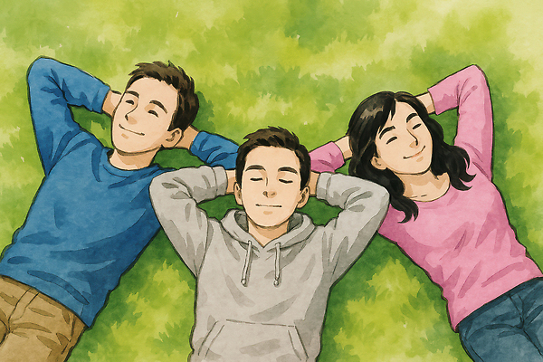 JPG 여자 남자 일러스트 수묵화 미소 잔디 상반신 성인 세명 청춘 눕기 눈감음 동양화 팔베개 성인만 국내일러스트 AI일러스트 AI콘텐츠 식물 컨셉 모션 표정 미술 사람 파일형식