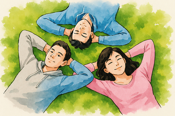 JPG 여자 남자 일러스트 수묵화 미소 잔디 상반신 성인 세명 청춘 눕기 눈감음 동양화 팔베개 성인만 국내일러스트 AI일러스트 AI콘텐츠 식물 컨셉 모션 표정 미술 사람 파일형식