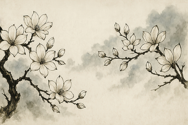 JPG 일러스트 붓터치 수묵화 사람없음 동양화 꽃봉오리 번짐 꽃가지 백목련 국내일러스트 AI일러스트 AI콘텐츠 꽃 미술 나뭇가지 목련 파일형식 효과