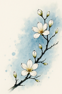 JPG 일러스트 붓터치 수묵화 사람없음 동양화 꽃봉오리 번짐 꽃가지 백목련 국내일러스트 AI일러스트 AI콘텐츠 꽃 미술 나뭇가지 목련 파일형식 효과