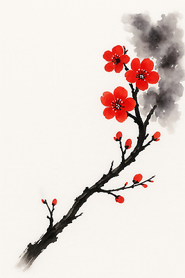 JPG 일러스트 붓터치 수묵화 사람없음 동양화 꽃봉오리 매화 번짐 꽃가지 국내일러스트 AI일러스트 AI콘텐츠 꽃 미술 나뭇가지 파일형식 효과