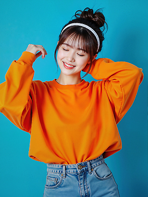 JPG 모델 편집이미지 여자 한명 미소 상반신 성인 파란색 손들기 눈감음 주황색 머리띠 올림머리 의료성형뷰티 성인여자한명만 편집실사 AI인물포토 AI콘텐츠 1 헤어스타일 컬러 장신구 모션 표정 사람 CG 여자한명만 성인여자만 파일형식 AI포토