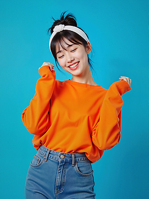 JPG 모델 편집이미지 여자 한명 미소 상반신 성인 파란색 손들기 눈감음 주황색 머리띠 올림머리 의료성형뷰티 성인여자한명만 편집실사 AI인물포토 AI콘텐츠 1 헤어스타일 컬러 장신구 모션 표정 사람 CG 여자한명만 성인여자만 파일형식 AI포토