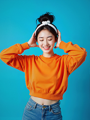 JPG 모델 편집이미지 여자 한명 미소 상반신 성인 파란색 손들기 눈감음 주황색 머리띠 올림머리 의료성형뷰티 성인여자한명만 편집실사 AI인물포토 AI콘텐츠 1 헤어스타일 컬러 장신구 모션 표정 사람 CG 여자한명만 성인여자만 파일형식 AI포토