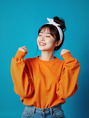 JPG 모델 편집이미지 여자 한명 미소 상반신 성인 파란색 손들기 눈감음 주황색 머리띠 올림머리 의료성형뷰티 성인여자한명만 편집실사 AI인물포토 AI콘텐츠 1 헤어스타일 컬러 장신구 모션 표정 사람 CG 여자한명만 성인여자만 파일형식 AI포토