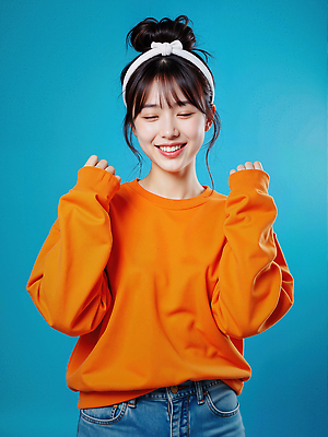 JPG 모델 편집이미지 여자 한명 미소 상반신 성인 파란색 손들기 눈감음 주황색 머리띠 올림머리 의료성형뷰티 성인여자한명만 편집실사 AI인물포토 AI콘텐츠 1 헤어스타일 컬러 장신구 모션 표정 사람 CG 여자한명만 성인여자만 파일형식 AI포토