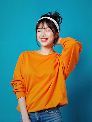 JPG 모델 편집이미지 여자 한명 미소 상반신 성인 파란색 손들기 눈감음 주황색 머리띠 올림머리 의료성형뷰티 성인여자한명만 편집실사 AI인물포토 AI콘텐츠 1 헤어스타일 컬러 장신구 모션 표정 사람 CG 여자한명만 성인여자만 파일형식 AI포토