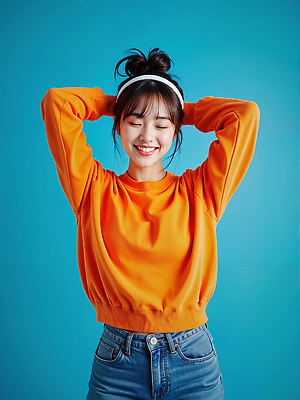 JPG 모델 편집이미지 여자 한명 미소 상반신 성인 파란색 손들기 눈감음 주황색 머리띠 올림머리 의료성형뷰티 성인여자한명만 편집실사 AI인물포토 AI콘텐츠 1 헤어스타일 컬러 장신구 모션 표정 사람 CG 여자한명만 성인여자만 파일형식 AI포토