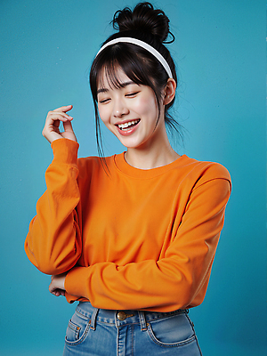 JPG 모델 편집이미지 여자 한명 미소 상반신 성인 파란색 손들기 눈감음 주황색 머리띠 올림머리 의료성형뷰티 성인여자한명만 편집실사 AI인물포토 AI콘텐츠 1 헤어스타일 컬러 장신구 모션 표정 사람 CG 여자한명만 성인여자만 파일형식 AI포토