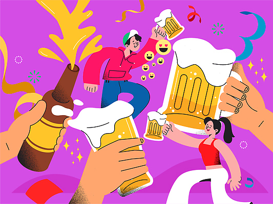 전신 손 여자 남자 리본 일러스트 병맥주 미소 들기 성인 두명 신체부위 반짝임 보라색 흐름 폭발 건배 맥주잔 이모티콘 맥주거품 맥주축제 성인만 여름축제 이모지 국내일러스트 AI파일 컬러 컨셉 술잔 모션 맥주 표정 사람 축제 거품 파일형식 벡터 여름_계절