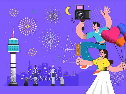 전신 여자 남자 일러스트 밤하늘 불꽃놀이 미소 들기 성인 두명 손들기 카메라 보라색 별자리 달 풍선 핫도그 빌딩숲 남산타워 다리들기 가교 성인만 여름축제 국내일러스트 AI파일 자연요소 건축물 음식 컬러 모션 놀이 하늘 패스트푸드 표정 사람 빌딩 전자제품 축제 야간 남산 파일형식 벡터 여름_계절