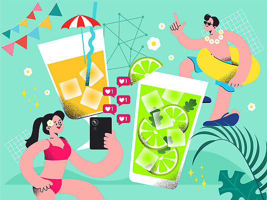 전신 여자 남자 말풍선 일러스트 미소 들기 성인 두명 반짝임 스마트폰 비키니 선글라스 별자리 하트 가리킴 파라솔 쪼리 셀프카메라 칵테일잔 라임 튜브 꽃목걸이 가랜드 다리들기 모히토 민트색 열대잎 좋음 성인만 여름축제 국내일러스트 AI파일 모양 수영복 꽃 안경 컬러 컨셉 잎 술잔 과일 목걸이 모션 표정 사람 손짓 핸드폰 스마트기기 사진촬영 축제 칵테일 샌들 파티용품 파일형식 벡터 여름_계절