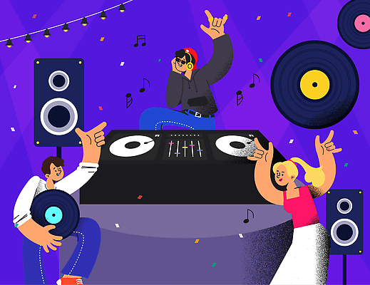 전신 여자 남자 음표 일러스트 미소 들기 성인 세명 선글라스 손들기 보라색 헤드셋 스피커 잡기 레코드 DJ 꽃가루 로큰롤 다리들기 디제잉 디제잉기계 알전구 음악축제 캡모자 성인만 여름축제 국내일러스트 AI파일 모자_잡화 기호 안경 음악 컬러 음향기기 전구 모션 표정 사람 축제 헤드폰 음반 가루 파일형식 벡터 여름_계절