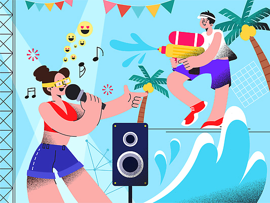 전신 여자 남자 물결 하늘색 음표 일러스트 노래 미소 들기 성인 두명 야자수 스피커 가수 물방울 가리킴 발사 물안경 마이크 여름옷 이모티콘 가랜드 물총 성인만 여름축제 이모지 국내일러스트 워터페스티벌 AI파일 나무 기호 옷 음악 음향기기 모션 표정 사람 손짓 파란색 축제 음악가 파티용품 수영용품 파일형식 벡터 여름_계절