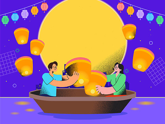 전신 커플 여자 남자 호수 일러스트 날리기 미소 앉기 성인 두명 빛 보라색 보름달 등불 잡기 나룻배 등불축제 성인만 여름축제 국내일러스트 AI파일 컬러 배_교통 관계 모션 조명 표정 사람 축제 달 파일형식 벡터 여름_계절