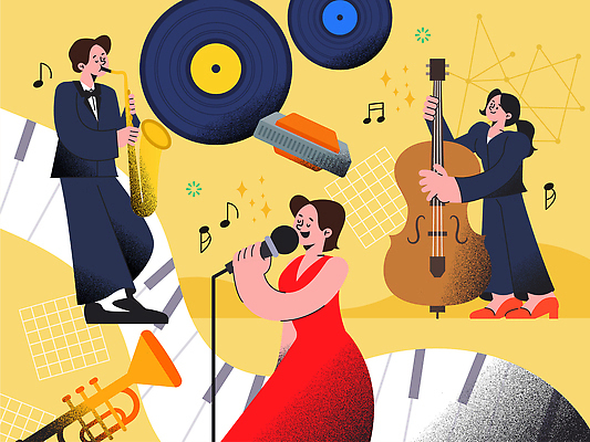 전신 여자 남자 연주 음표 일러스트 노래 미소 성인 세명 반짝임 노란색 눈감음 별자리 레코드 피아노건반 불기 색소폰 스탠드마이크 트럼펫 첼로 재즈 음악축제 성인만 여름축제 국내일러스트 AI파일 기호 음악 컬러 모션 표정 사람 축제 음반 건반 피아노 목관악기 금관악기 마이크 파일형식 벡터 찰현악기 여름_계절