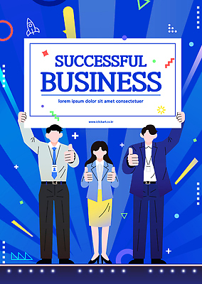 전신 여자 남자 일러스트 성공 들기 정장 성인 세명 파란색 반짝임 팻말 비즈니스맨 비즈니스우먼 따봉 사원증 얼굴없음 성인만 국내일러스트 B2B AI파일 옷 컬러 컨셉 비즈니스 모션 프레임 사람 최고 직장인 파일형식 벡터
