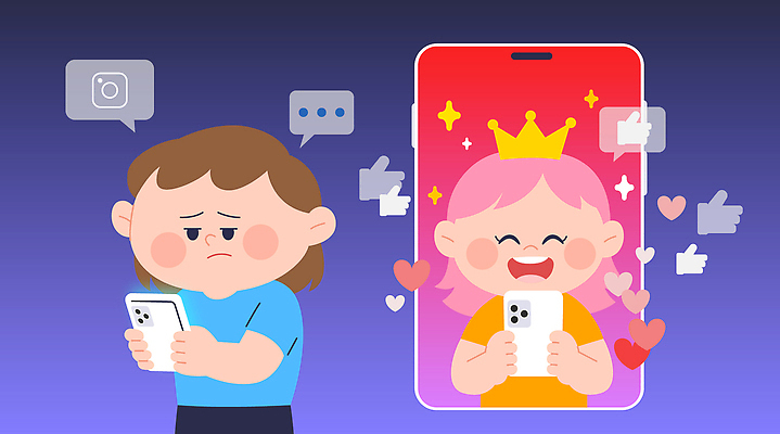 여자 어린이 말풍선 일러스트 왕관 웃음 들기 소녀 상반신 두명 반짝임 스마트폰 보라색 하트 비교 좌절 사회이슈 따봉 무기력 소셜네트워크 우울감 필터 좋음 소녀만 국내일러스트 AI파일 모양 감정 컬러 컨셉 모션 표정 사람 핸드폰 스마트기기 최고 여자만 어린이만 파일형식 벡터