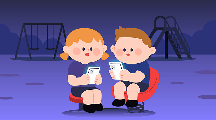 전신 여자 남자 어린이 일러스트 들기 앉기 소녀 소년 두명 보라색 놀이기구 놀이터 사회이슈 집중 스마트폰중독 공터 소셜네트워크 공허 국내일러스트 도파민중독 AI파일 컬러 컨셉 모션 놀이 사람 스마트폰 중독 파일형식 벡터 도파민