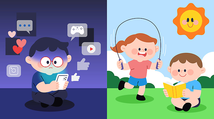 여자 남자 어린이 말풍선 일러스트 자연 놀이 실내 건강 야외 책 세명 친구 스마트폰 학습 운동 햇빛 성장 게임 비교 놀이터 즐거움 줄넘기 유튜브 국내일러스트 AI파일 교육 감정 컨셉 관계 사람 내부 핸드폰 스마트기기 태양 생태계 파일형식 벡터