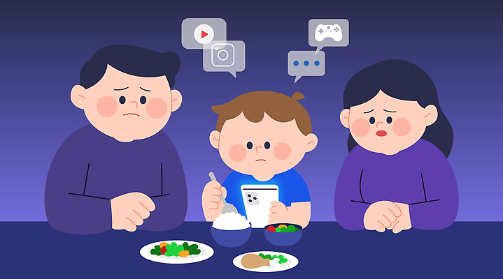 여자 남자 어린이 말풍선 일러스트 가족 식탁 들기 소년 성인 세명 부모 숟가락 보라색 식사 게임 사회이슈 밥상 걱정 손모으기 스마트폰중독 소셜네트워크 유튜브 국내일러스트 AI파일 감정 컬러 컨셉 관계 모션 놀이 탁자 수저 사람 손짓 스마트폰 중독 파일형식 벡터