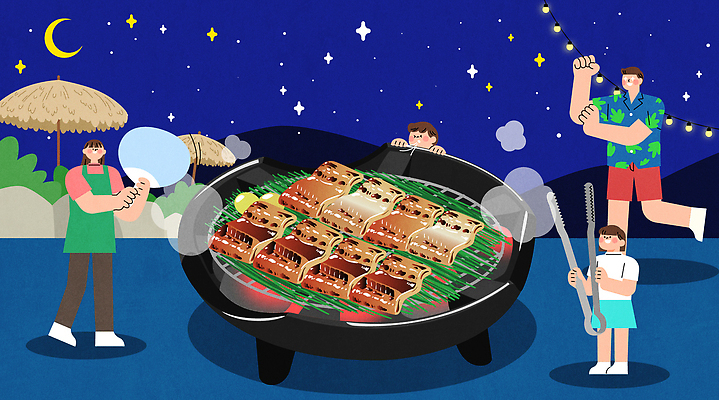 전신 여자 남자 어린이 잎 일러스트 가족 밤하늘 여름음식 집게 미소 들기 소녀 소년 성인 달리기 손들기 앞치마 부채 연기 그릴 큼 정자 장어구이 부채질 제철음식 국내일러스트 AI파일 식물 건축물 음식 관계 모션 하늘 주방용품 표정 사람 야간 크기 장어 생선요리 제철 파일형식 벡터 여름_계절