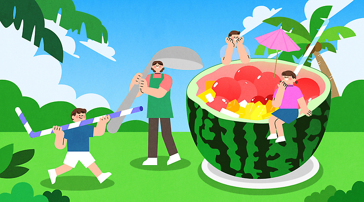 전신 나무 구름 접시 여자 남자 어린이 잎 일러스트 가족 하늘 여름음식 빨대 미소 들기 앉기 소녀 소년 잔디 성인 걷기 앞치마 턱괴기 큼 국자 수박화채 종이우산 제철음식 국내일러스트 AI파일 자연요소 식물 식기 음식 우산 관계 모션 주방용품 표정 사람 크기 제철 화채 파일형식 벡터 여름_계절