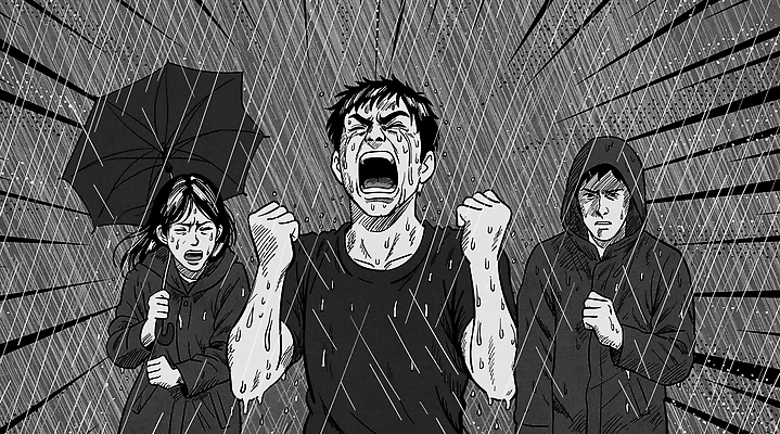 여자 남자 일러스트 우산 흑백 들기 상반신 성인 세명 여름 손들기 외침 주먹 회색 짜증 찡그림 만화 눈물 우비 장마 빗물 절규 해탈 성인만 열대야 국내일러스트 AI파일 옷 계절 감정 컬러 컨셉 모션 촬영기법 표정 사람 소리 비_날씨 더위 파일형식 벡터