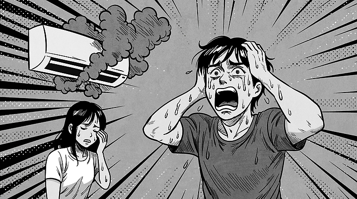 여자 남자 일러스트 흑백 상반신 성인 두명 여름 외침 회색 슬픔 찡그림 연기 만화 고장 에어컨 눈물 땀 절규 성인만 열대야 국내일러스트 머리짚기 AI파일 계절 감정 컬러 모션 촬영기법 표정 사람 소리 가전제품 더위 파일형식 벡터