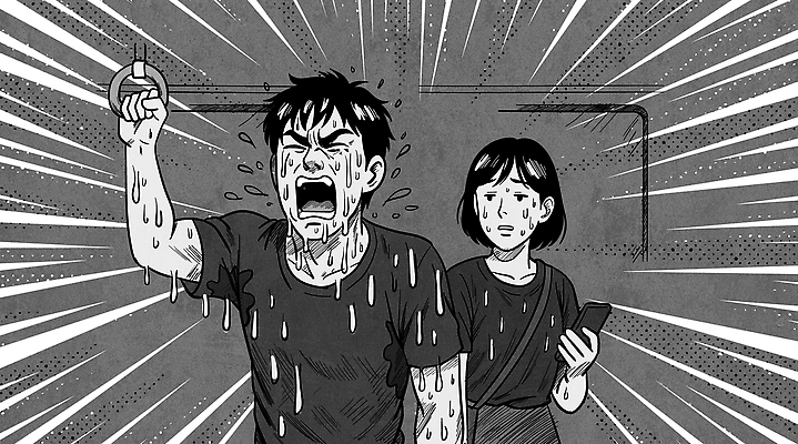 여자 남자 일러스트 흑백 손잡이 들기 상반신 성인 두명 여름 스마트폰 외침 회색 짜증 잡기 찡그림 전철 만화 땀 크로스백 절규 성인만 열대야 국내일러스트 AI파일 계절 감정 육상교통 컬러 가방 모션 대중교통 촬영기법 표정 사람 핸드폰 스마트기기 소리 더위 파일형식 벡터