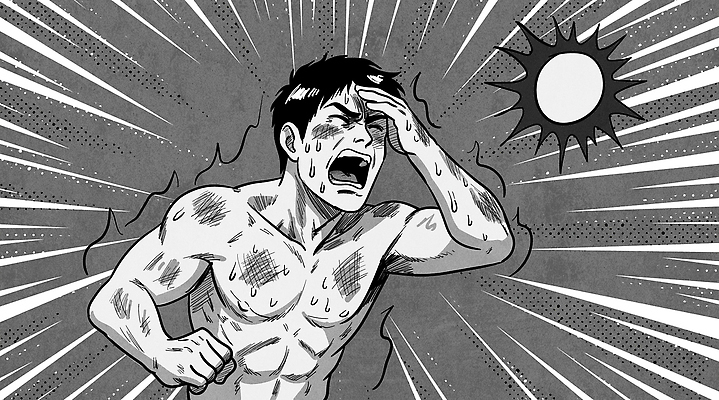 남자 일러스트 흑백 입벌림 한명 상반신 성인 여름 햇빛 태양 외침 고통 회색 짜증 뜨거움 찡그림 만화 땀 근육질 절규 화상 성인남자한명만 열대야 국내일러스트 머리짚기 AI파일 자연요소 1 계절 감정 컬러 모션 근육 촬영기법 표정 사람 소리 상처 더위 몸매 남자한명만 성인남자만 파일형식 벡터