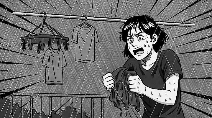 옷 여자 감정 일러스트 가정 날씨 스트레스 흑백 실내 한명 일상 물 여름 고통 습기 빨래 옷걸이 빗자루 불안 땀 장마 불행 강수량 절규 현실 불편함 국내일러스트 AI파일 자연요소 1 계절 가사 촬영기법 사람 내부 라이프 감각 비_날씨 청소도구 파일형식 벡터