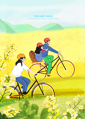 전신 PSD 여자 남자 행복 어린이 잎 일러스트 가족 하늘 함께함 미소 소녀 성인 세명 자전거 화목 승차 헬멧 유채밭 산맥 국내일러스트 식물 감정 컨셉 밭 관계 모션 산 표정 사람 바이크 보호장비 유채 파일형식