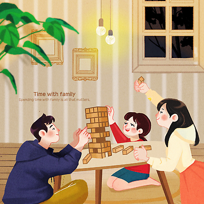 전신 PSD 여자 남자 행복 어린이 액자 잎 일러스트 창문 가족 탁자 조명 함께함 미소 들기 앉기 소녀 성인 세명 손들기 화목 가리킴 젠가 뽑기 나무블록 국내일러스트 식물 감정 가구 컨셉 관계 모션 표정 사람 손짓 목재 놀이용품 블록 파일형식