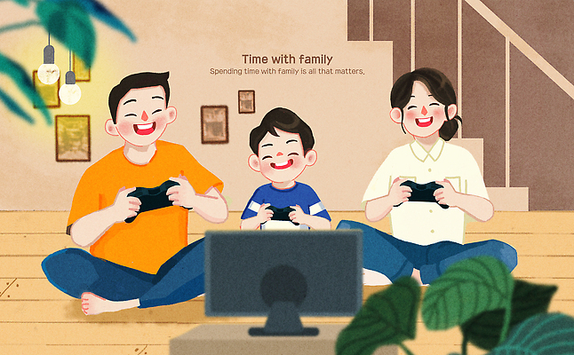 PSD 여자 남자 행복 어린이 액자 잎 일러스트 가족 조명 함께함 웃음 들기 앉기 소년 성인 세명 계단 모니터 화목 게임 게임기 나무바닥 국내일러스트 식물 감정 컨셉 관계 모션 놀이 바닥 표정 사람 컴퓨터 파일형식