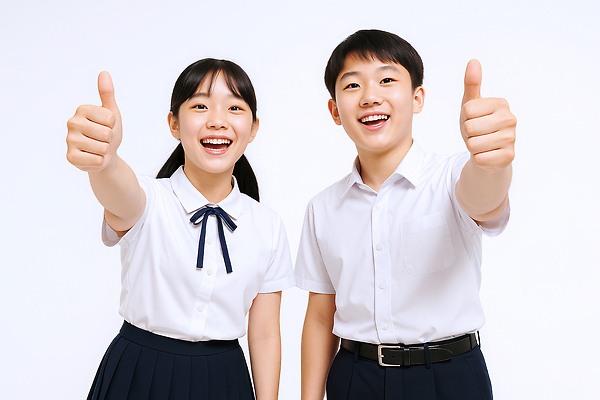 JPG 편집이미지 여자 남자 교복 포즈 중학생 청소년 웃음 두명 따봉 손뻗기 의료성형뷰티 십대만 편집실사 AI인물포토 AI콘텐츠 학생 옷 모션 표정 사람 최고 CG 파일형식 AI포토