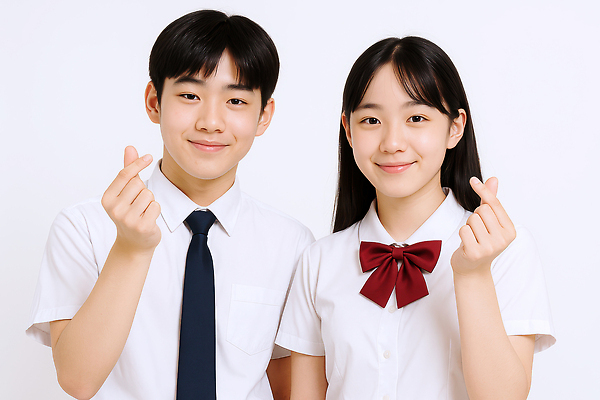 JPG 편집이미지 여자 남자 교복 포즈 중학생 청소년 미소 두명 손하트 의료성형뷰티 십대만 편집실사 AI인물포토 AI콘텐츠 학생 옷 표정 사람 손짓 CG 파일형식 AI포토