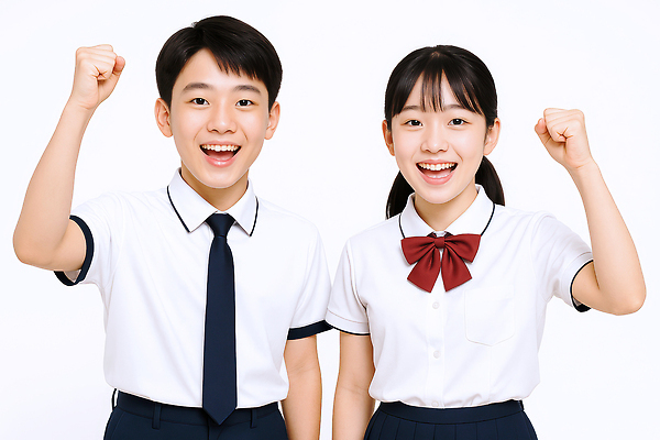 JPG 편집이미지 여자 남자 교복 포즈 중학생 청소년 웃음 두명 손들기 파이팅 주먹 의료성형뷰티 십대만 편집실사 AI인물포토 AI콘텐츠 학생 옷 모션 표정 사람 CG 파일형식 AI포토