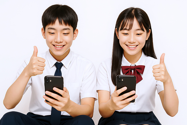 JPG 편집이미지 여자 남자 교복 포즈 중학생 청소년 미소 들기 두명 스마트폰 따봉 의료성형뷰티 십대만 편집실사 AI인물포토 AI콘텐츠 학생 옷 모션 표정 사람 핸드폰 스마트기기 최고 CG 파일형식 AI포토