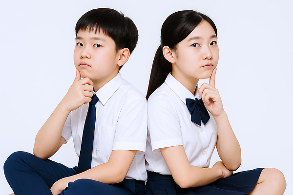 JPG 편집이미지 여자 남자 교복 포즈 생각 중학생 청소년 두명 턱괴기 등맞대기 고민 가부좌 의료성형뷰티 십대만 편집실사 AI인물포토 AI콘텐츠 학생 옷 감정 모션 사람 앉기 CG 파일형식 AI포토