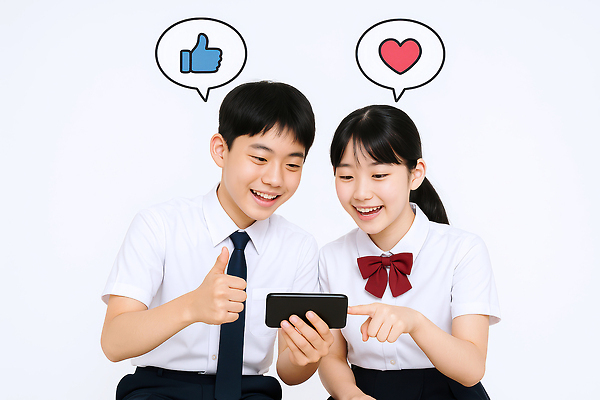 JPG 편집이미지 여자 남자 교복 포즈 말풍선 중학생 청소년 미소 들기 두명 스마트폰 하트 가리킴 따봉 의료성형뷰티 좋음 십대만 편집실사 AI인물포토 AI콘텐츠 모양 학생 옷 컨셉 모션 표정 사람 손짓 핸드폰 스마트기기 최고 CG 파일형식 AI포토