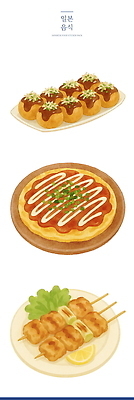 PSD 무료이미지 접시 일러스트 사람없음 타코야키 닭꼬치 오코노미야끼 일본음식 야키토리 맛있는 국내일러스트 식기 음식 닭고기 꼬치 파일형식