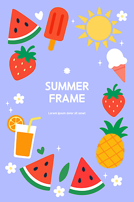 꽃 일러스트 딸기 잔 프레임 사람없음 여름 반짝임 태양 보라색 오렌지주스 파인애플 오브젝트 콘아이스크림 막대아이스크림 수박조각 국내일러스트 AI파일 자연요소 식물 식기 계절 컬러 조각 과일 모션 아이스크림 수박 과일주스 열대과일 파일형식 벡터