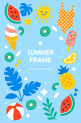 수영복 하늘색 일러스트 단면 프레임 키위 사람없음 여름 태양 비치볼 레몬 파인애플 오브젝트 야자수잎 소프트아이스크림 막대아이스크림 몬스테라 수박조각 국내일러스트 AI파일 자연요소 식물 옷 계절 조각 잎 과일 공 아이스크림 수박 바캉스용품 파란색 열대과일 파일형식 벡터