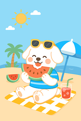 구름 한마리 일러스트 하늘 미소 들기 앉기 해변 사람없음 여름휴가 바캉스 모래사장 선글라스 야자수 태양 귀여움 파라솔 먹기 즐거움 개캐릭터 수박조각 수박주스 국내일러스트 AI파일 자연요소 나무 1 감정 안경 바다 조각 동물캐릭터 컨셉 모션 휴가 수박 표정 개 과일주스 파일형식 벡터 여름_계절