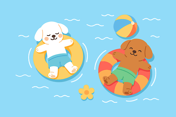 꽃 하늘색 두마리 일러스트 미소 사람없음 여름휴가 바캉스 눕기 귀여움 눈감음 떠있는 비치볼 즐거움 힐링 개캐릭터 튜브 국내일러스트 AI파일 식물 감정 동물캐릭터 컨셉 2 공 모션 휴가 바캉스용품 표정 파란색 개 파일형식 벡터 여름_계절