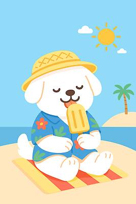 구름 한마리 섬 하늘색 일러스트 하늘 미소 들기 앉기 사람없음 여름휴가 바캉스 야자수 태양 귀여움 눈감음 핥기 먹기 즐거움 돗자리 밀짚모자 개캐릭터 막대아이스크림 하와이안 국내일러스트 AI파일 자연요소 나무 모자_잡화 1 패션 감정 동물캐릭터 컨셉 모션 휴가 아이스크림 표정 파란색 개 파일형식 벡터 여름_계절