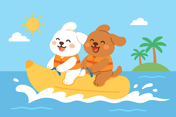 구름 섬 하늘색 두마리 일러스트 하늘 레저 미소 앉기 사람없음 여름휴가 바캉스 야자수 귀여움 잡기 승차 즐거움 개캐릭터 구명조끼 바나나보트 액티비티 국내일러스트 AI파일 자연요소 나무 감정 동물캐릭터 컨셉 2 모션 휴가 표정 파란색 보트 개 구조용품 파일형식 벡터 여름_계절