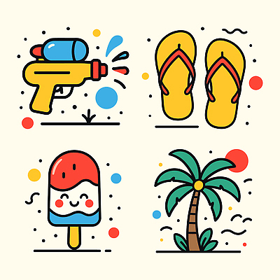 일러스트 미소 사람없음 여름 세트 야자수 태양 쪼리 오브젝트 막대아이스크림 물총 엘리먼트 국내일러스트 AI파일 자연요소 나무 계절 아이스크림 표정 샌들 파일형식 벡터