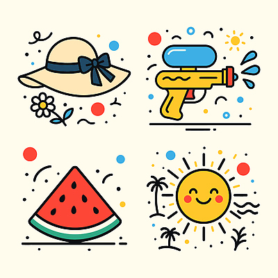 꽃 리본 일러스트 미소 사람없음 여름 세트 태양 오브젝트 물총 수박조각 엘리먼트 챙모자 국내일러스트 AI파일 자연요소 식물 모자_잡화 계절 조각 수박 표정 파일형식 벡터